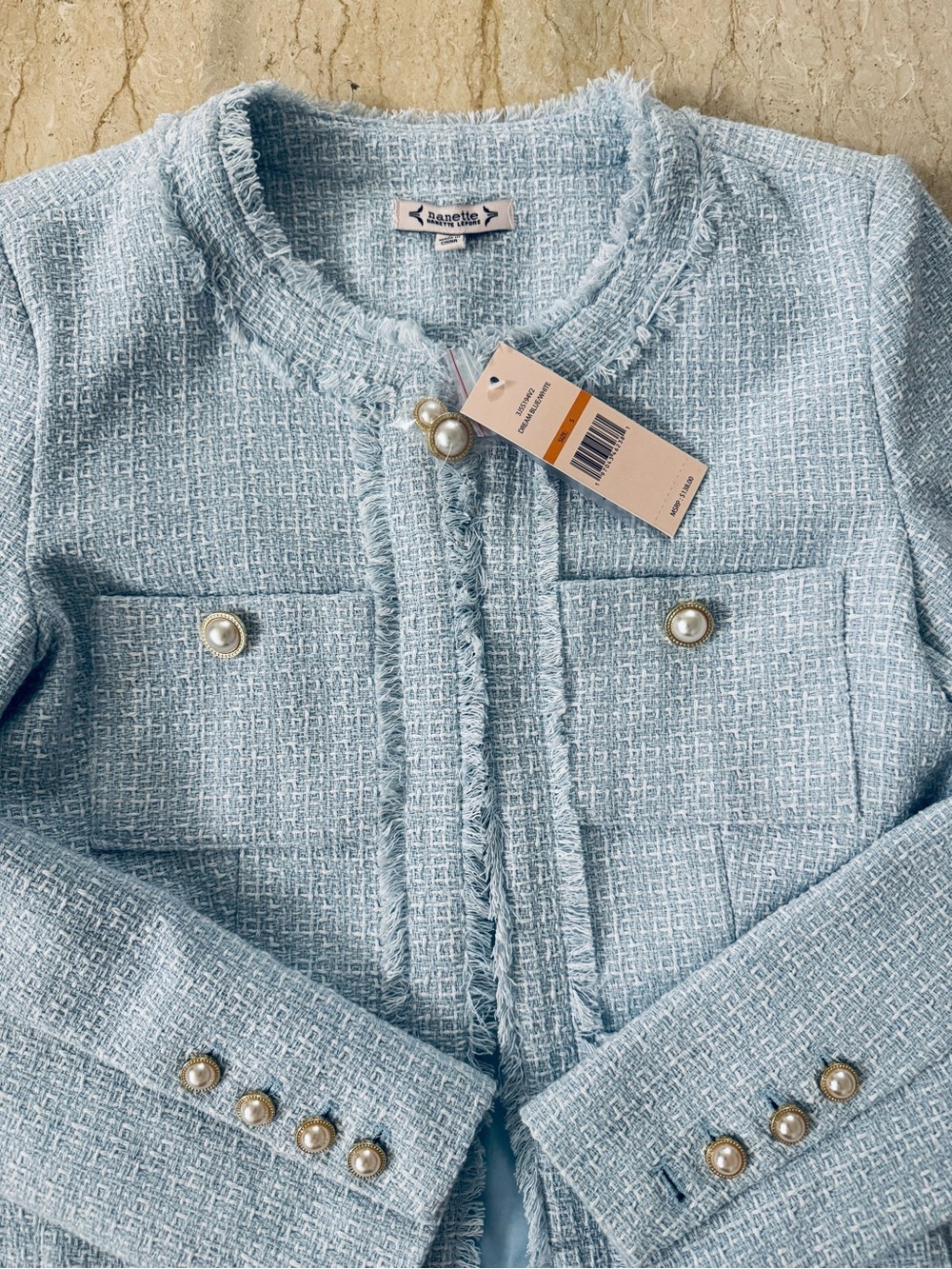 NWT Nanette Lepore Light Blue Tweed
Fringe Jacket Pearl Buttons. - Picture 5 of 10